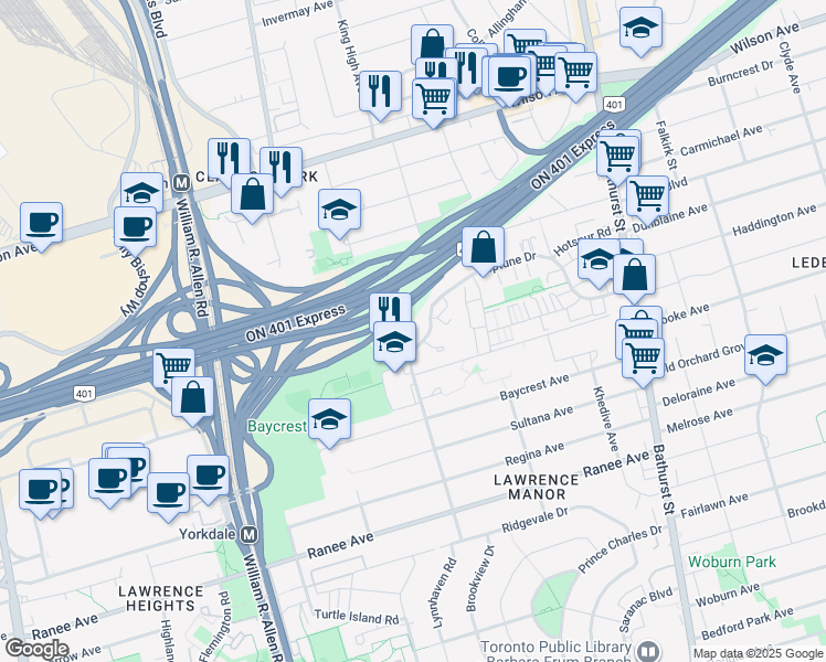 map of restaurants, bars, coffee shops, grocery stores, and more near 130 Neptune Drive in Toronto