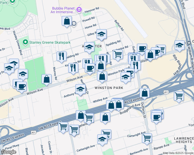 map of restaurants, bars, coffee shops, grocery stores, and more near in Toronto