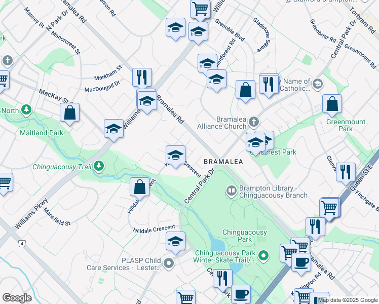 map of restaurants, bars, coffee shops, grocery stores, and more near in Brampton
