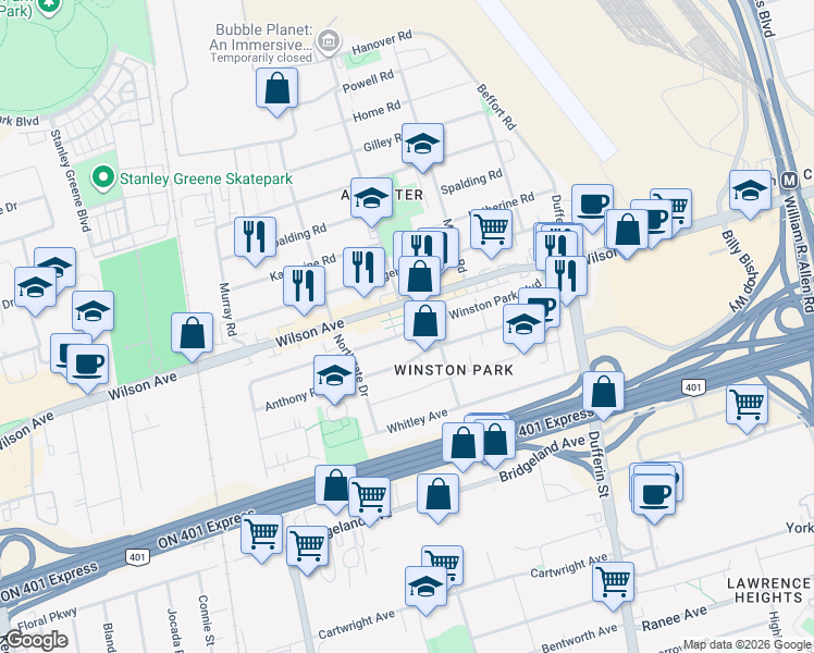 map of restaurants, bars, coffee shops, grocery stores, and more near 60 Winston Park Boulevard in Toronto