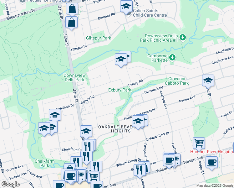 map of restaurants, bars, coffee shops, grocery stores, and more near 6 Peacham Crescent in Toronto