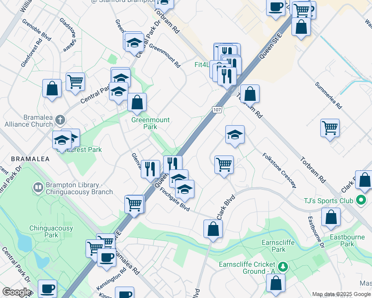 map of restaurants, bars, coffee shops, grocery stores, and more near Queen Street East in Brampton