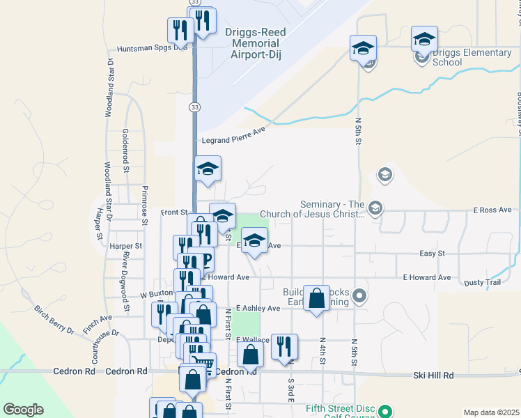 map of restaurants, bars, coffee shops, grocery stores, and more near 260 East Ross Avenue in Driggs