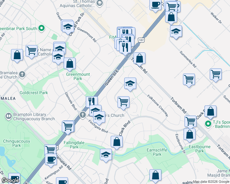 map of restaurants, bars, coffee shops, grocery stores, and more near 129 Folkstone Crescent in Brampton