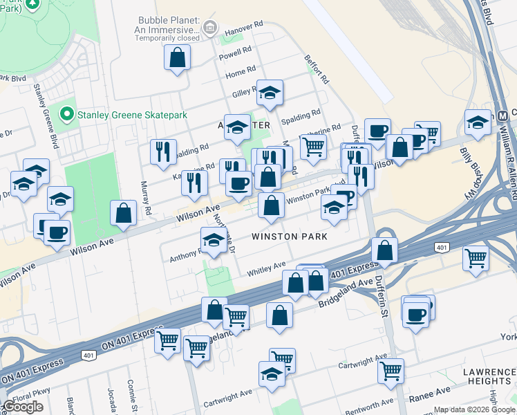 map of restaurants, bars, coffee shops, grocery stores, and more near in Toronto