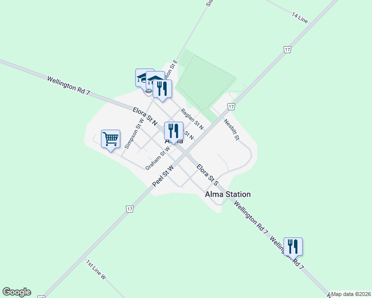 map of restaurants, bars, coffee shops, grocery stores, and more near 3 Elora Street North in Alma