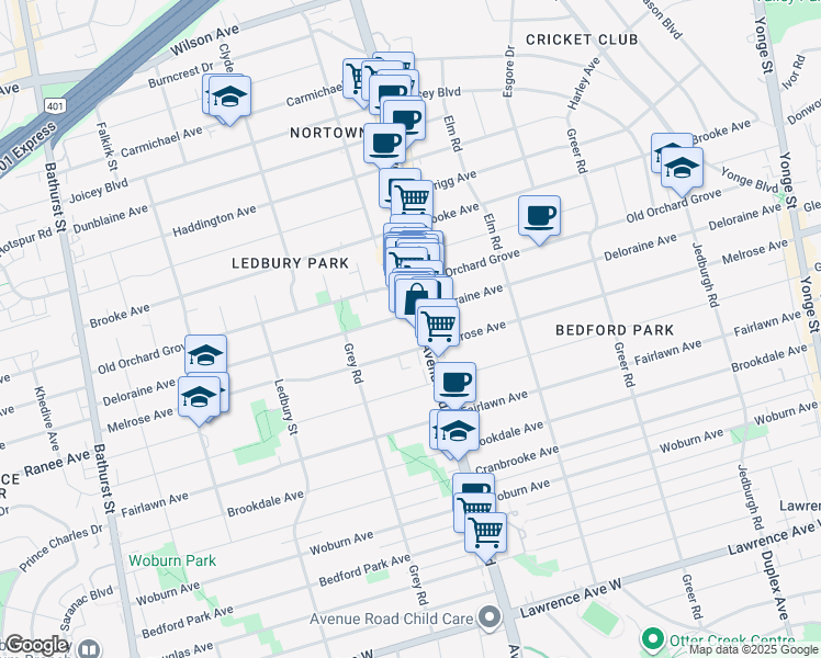 map of restaurants, bars, coffee shops, grocery stores, and more near in Toronto