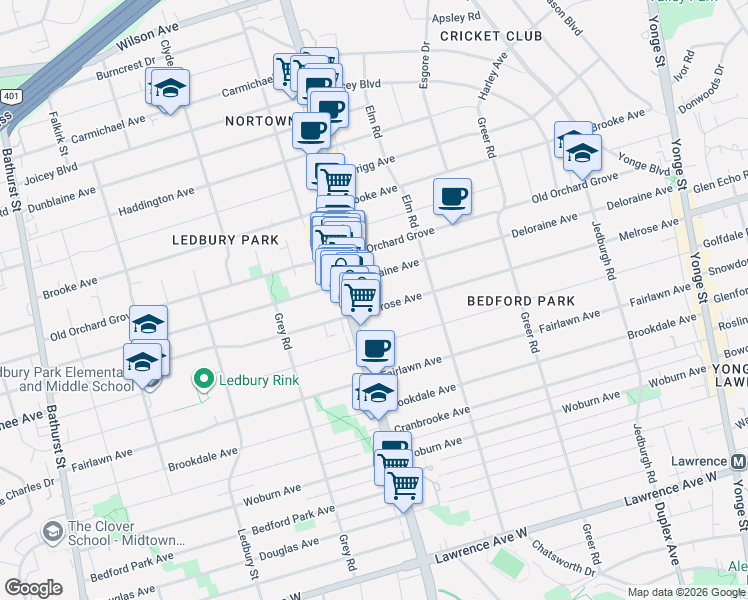 map of restaurants, bars, coffee shops, grocery stores, and more near 336 Melrose Avenue in Toronto