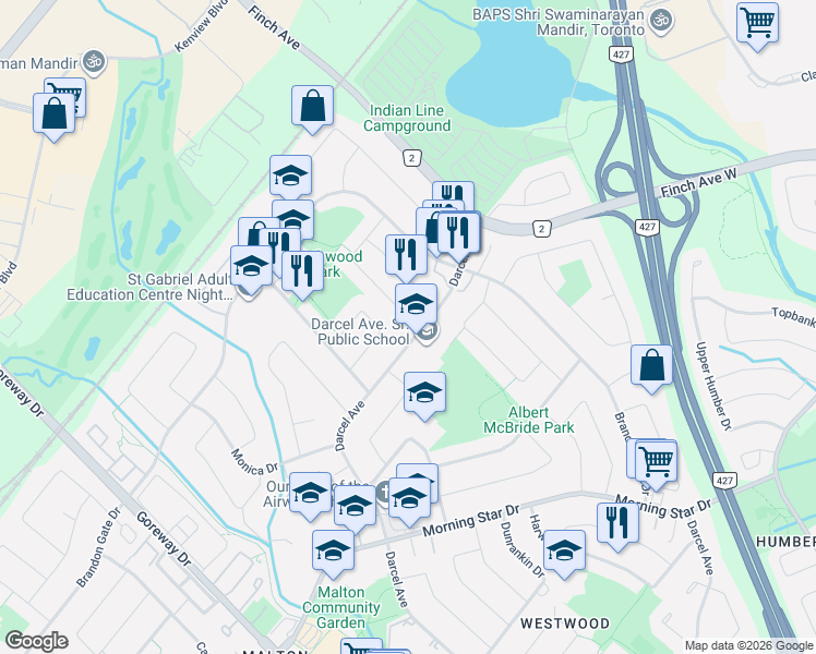 map of restaurants, bars, coffee shops, grocery stores, and more near 7490 Middleshire Drive in Mississauga