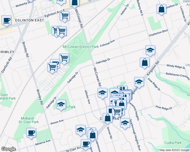 map of restaurants, bars, coffee shops, grocery stores, and more near 66 McCowan Road in Toronto