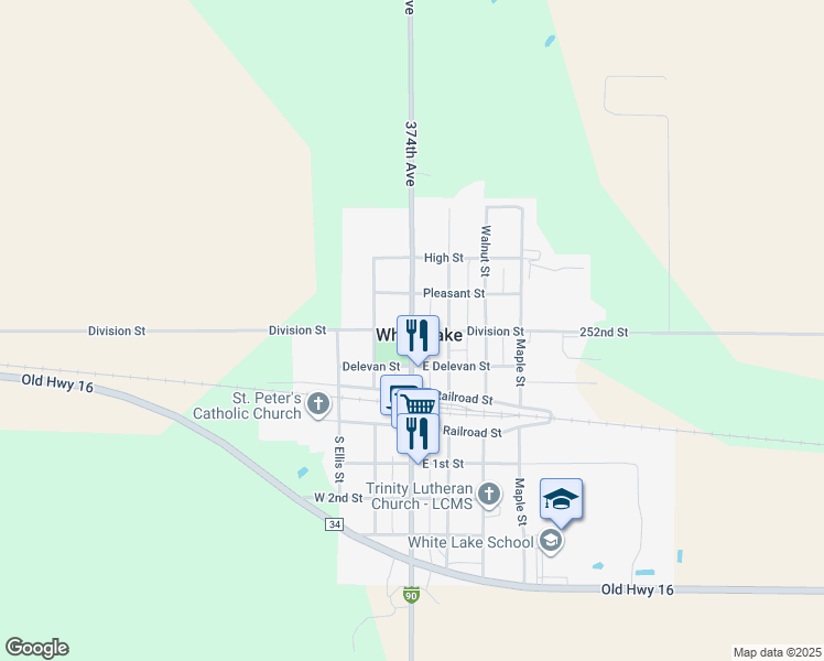 map of restaurants, bars, coffee shops, grocery stores, and more near South Main Street in White Lake
