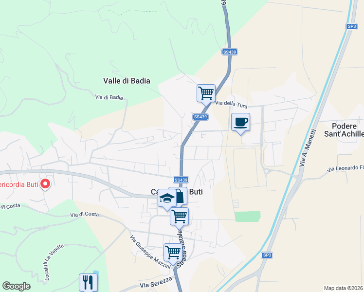 map of restaurants, bars, coffee shops, grocery stores, and more near 3 Via Val di Badia in Cascine-la Croce