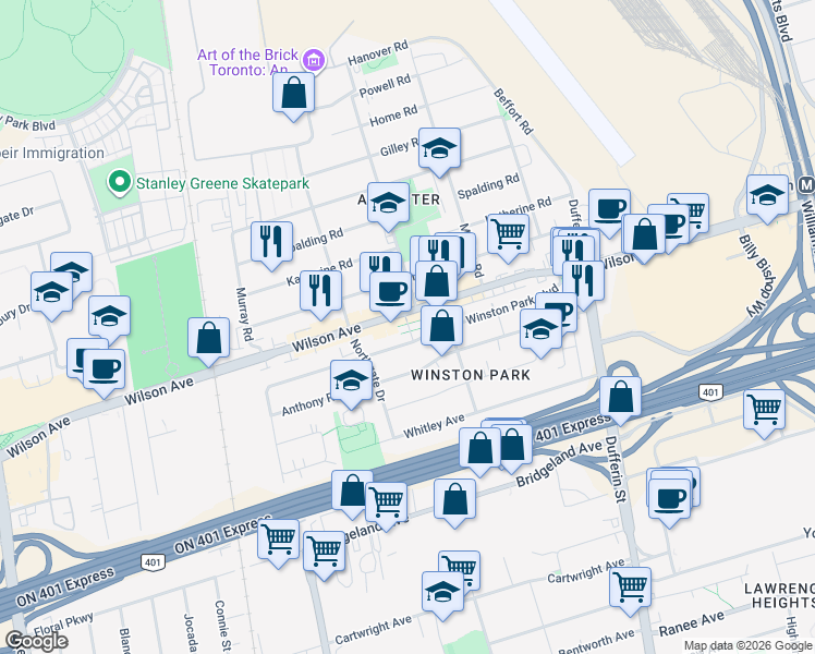 map of restaurants, bars, coffee shops, grocery stores, and more near 871 Wilson Avenue in Toronto
