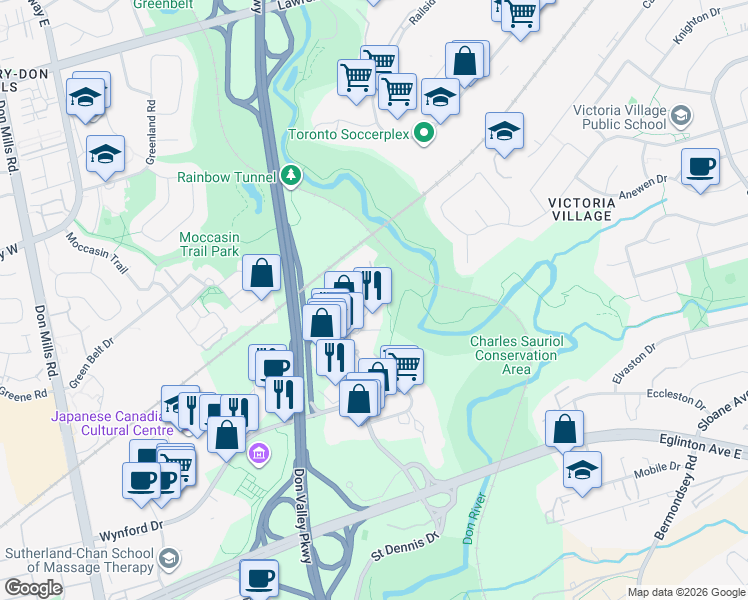 map of restaurants, bars, coffee shops, grocery stores, and more near 7 Concorde Place in Toronto