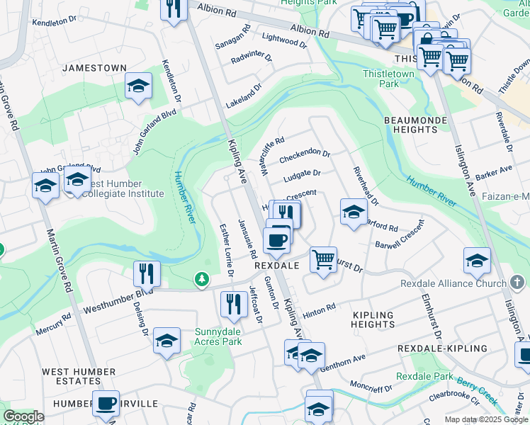 map of restaurants, bars, coffee shops, grocery stores, and more near 64 Henley Crescent in Toronto