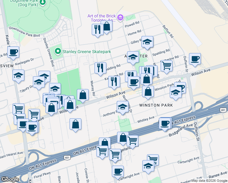 map of restaurants, bars, coffee shops, grocery stores, and more near 900a Wilson Avenue in Toronto