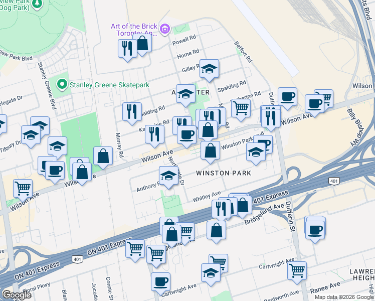 map of restaurants, bars, coffee shops, grocery stores, and more near 879A Wilson Avenue in Toronto