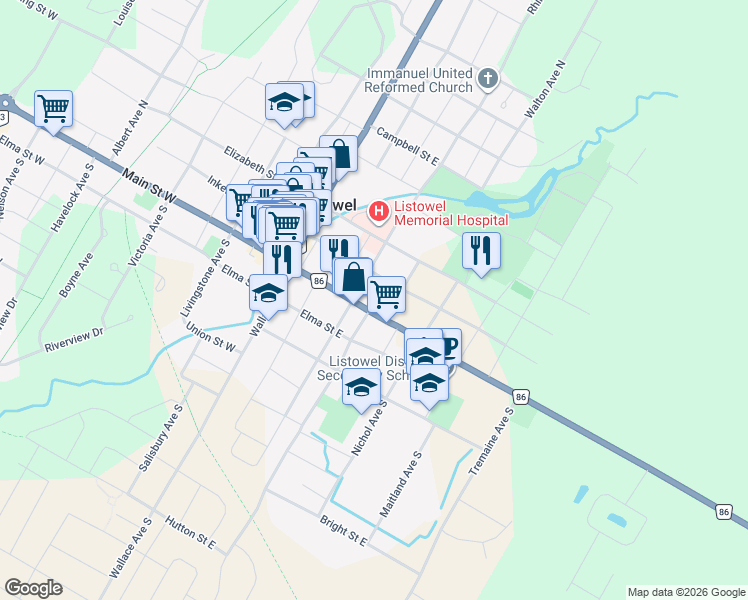 map of restaurants, bars, coffee shops, grocery stores, and more near 355 Main Street East in Listowel