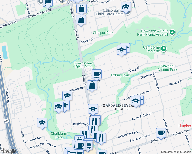 map of restaurants, bars, coffee shops, grocery stores, and more near in Toronto