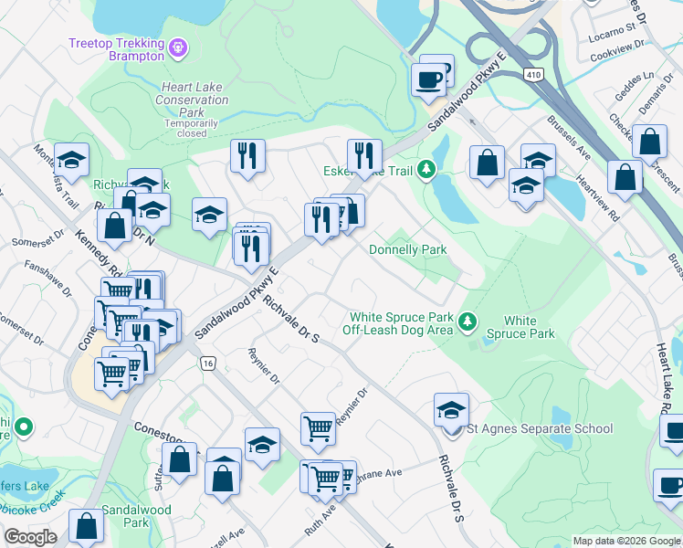 map of restaurants, bars, coffee shops, grocery stores, and more near in Brampton
