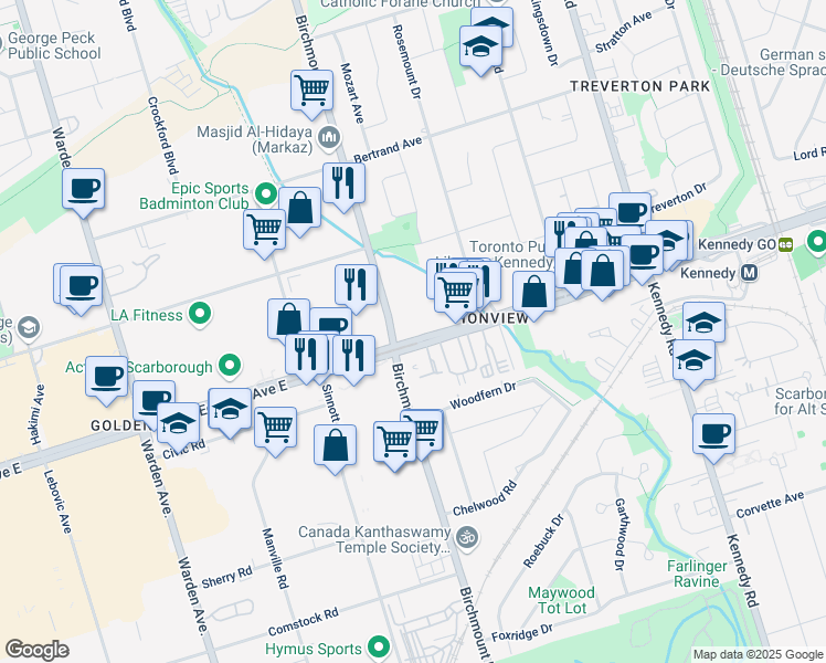 map of restaurants, bars, coffee shops, grocery stores, and more near 2222 Eglinton Avenue East in Toronto