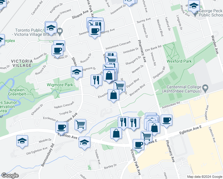 map of restaurants, bars, coffee shops, grocery stores, and more near 10 Elvaston Drive in Toronto