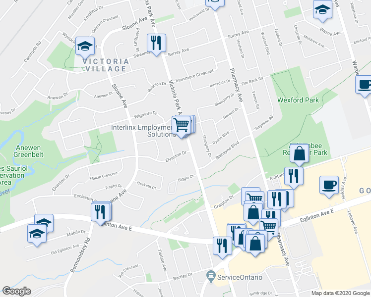 map of restaurants, bars, coffee shops, grocery stores, and more near 10 Elvaston Drive in Toronto