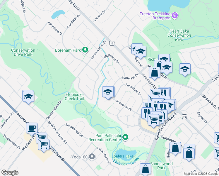map of restaurants, bars, coffee shops, grocery stores, and more near 64 Somerset Drive in Brampton