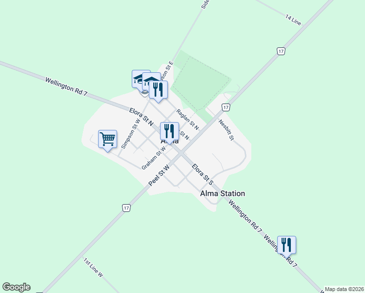 map of restaurants, bars, coffee shops, grocery stores, and more near 8 Peel Street East in Alma