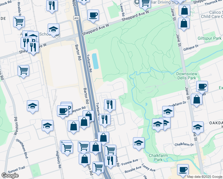 map of restaurants, bars, coffee shops, grocery stores, and more near 16 Sergio Marchi Street in Toronto