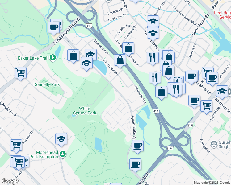 map of restaurants, bars, coffee shops, grocery stores, and more near 10300 Heart Lake Road in Brampton
