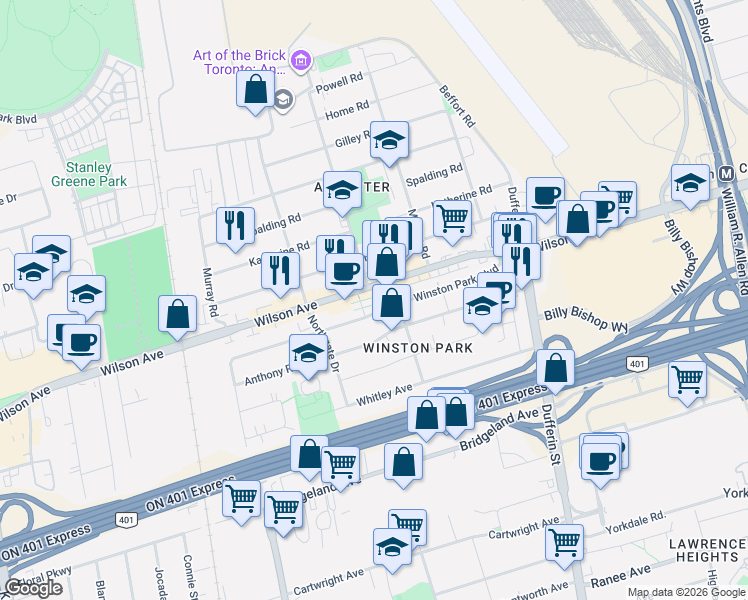 map of restaurants, bars, coffee shops, grocery stores, and more near in Toronto