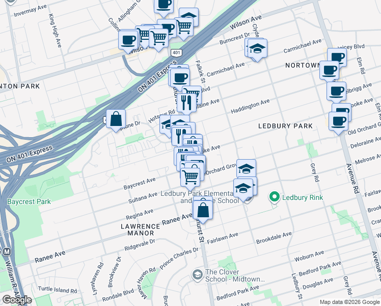 map of restaurants, bars, coffee shops, grocery stores, and more near in Toronto