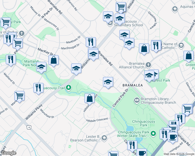 map of restaurants, bars, coffee shops, grocery stores, and more near 8 Hilda Court in Brampton