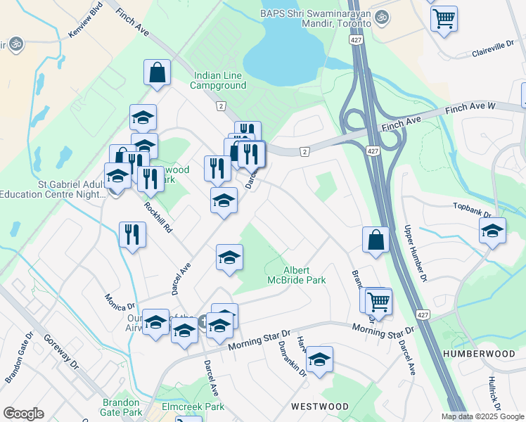 map of restaurants, bars, coffee shops, grocery stores, and more near 7465 Bybrook Drive in Mississauga