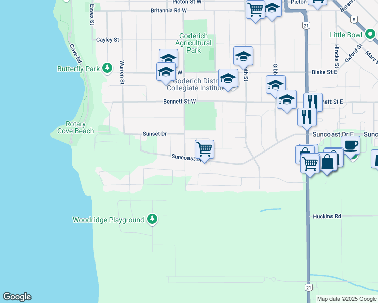 map of restaurants, bars, coffee shops, grocery stores, and more near 340 Oak Street in Goderich