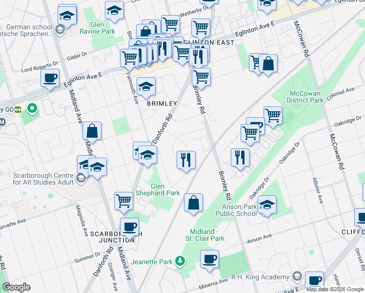 map of restaurants, bars, coffee shops, grocery stores, and more near 119 Glenshephard Drive in Toronto