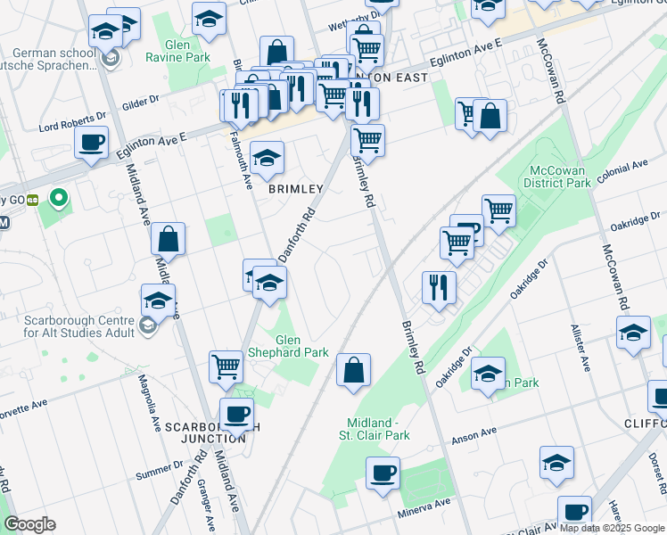 map of restaurants, bars, coffee shops, grocery stores, and more near 119 Glenshephard Drive in Toronto