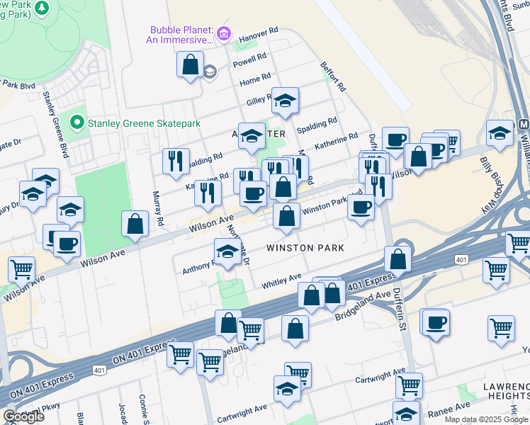 map of restaurants, bars, coffee shops, grocery stores, and more near 11 Ancaster Road in Toronto
