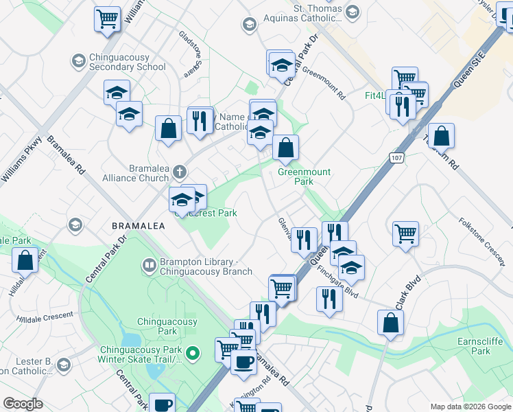 map of restaurants, bars, coffee shops, grocery stores, and more near 86 Glenmore Crescent in Brampton