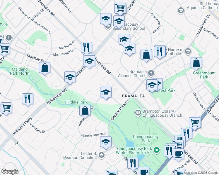 map of restaurants, bars, coffee shops, grocery stores, and more near 7 Hindquarter Court in Brampton