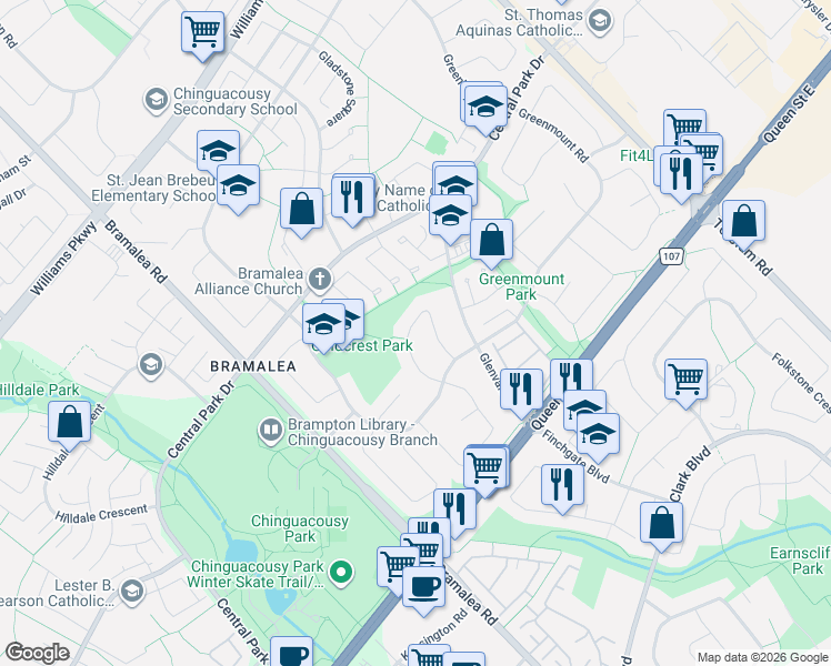 map of restaurants, bars, coffee shops, grocery stores, and more near 33 Glenmore Crescent in Brampton