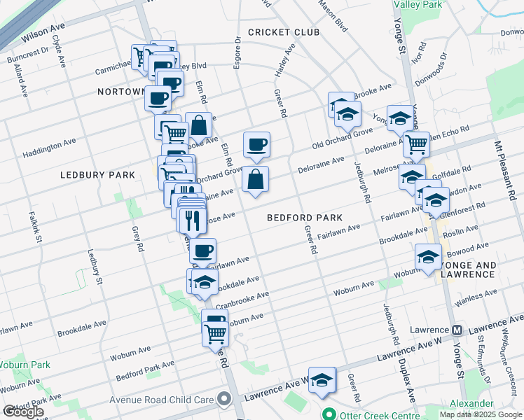 map of restaurants, bars, coffee shops, grocery stores, and more near 211 Melrose Avenue in Toronto