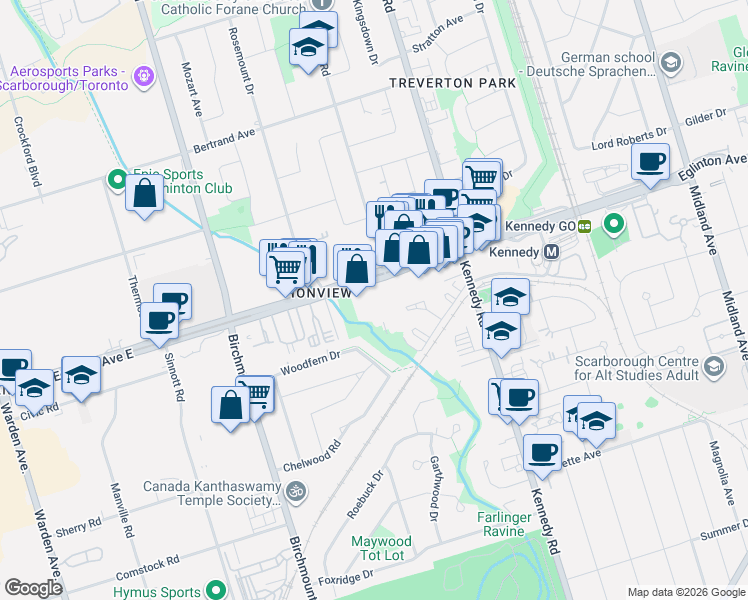 map of restaurants, bars, coffee shops, grocery stores, and more near 2293 Eglinton Avenue East in Toronto