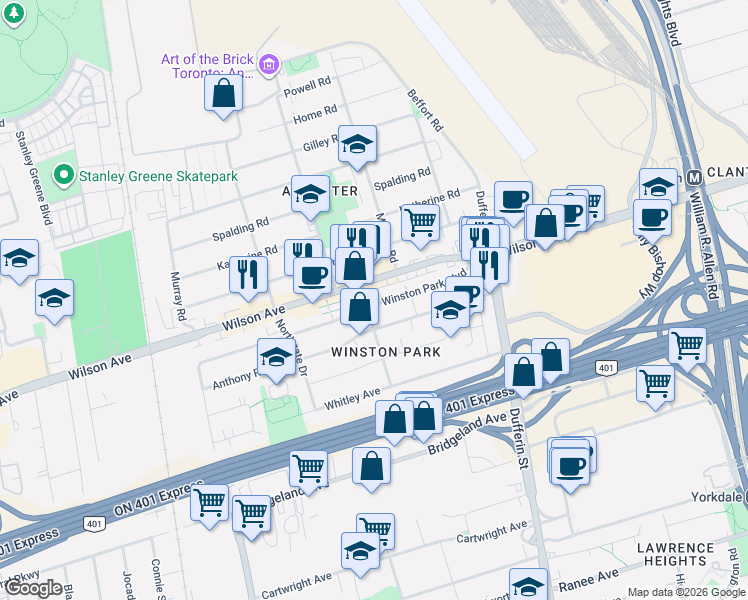 map of restaurants, bars, coffee shops, grocery stores, and more near 44 Winston Park Boulevard in Toronto
