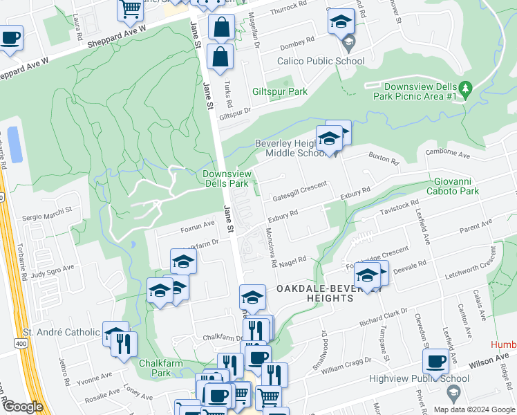 map of restaurants, bars, coffee shops, grocery stores, and more near 48 Monclova Road in Toronto