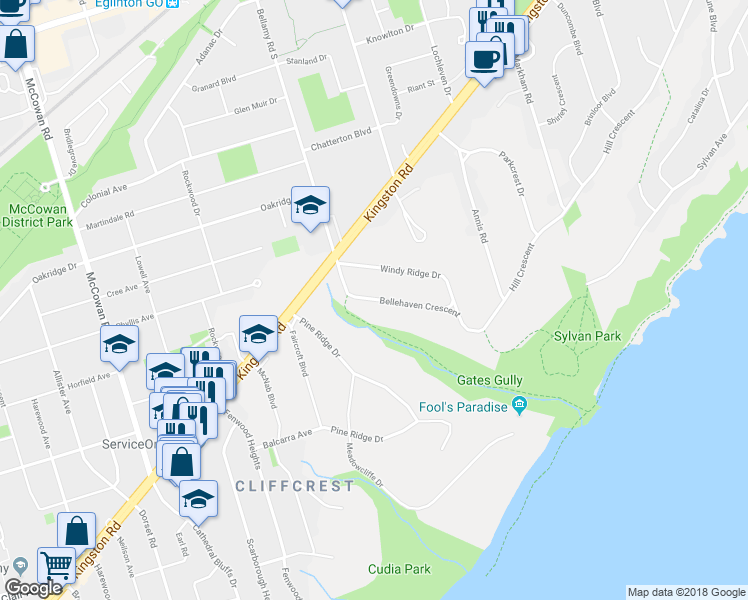 map of restaurants, bars, coffee shops, grocery stores, and more near 6 Bellehaven Crescent in Toronto