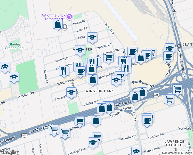 map of restaurants, bars, coffee shops, grocery stores, and more near 44 Winston Park Boulevard in Toronto