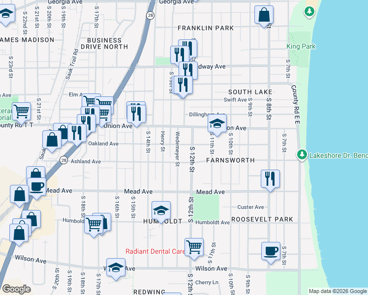 map of restaurants, bars, coffee shops, grocery stores, and more near 2134 South 12th Street in Sheboygan