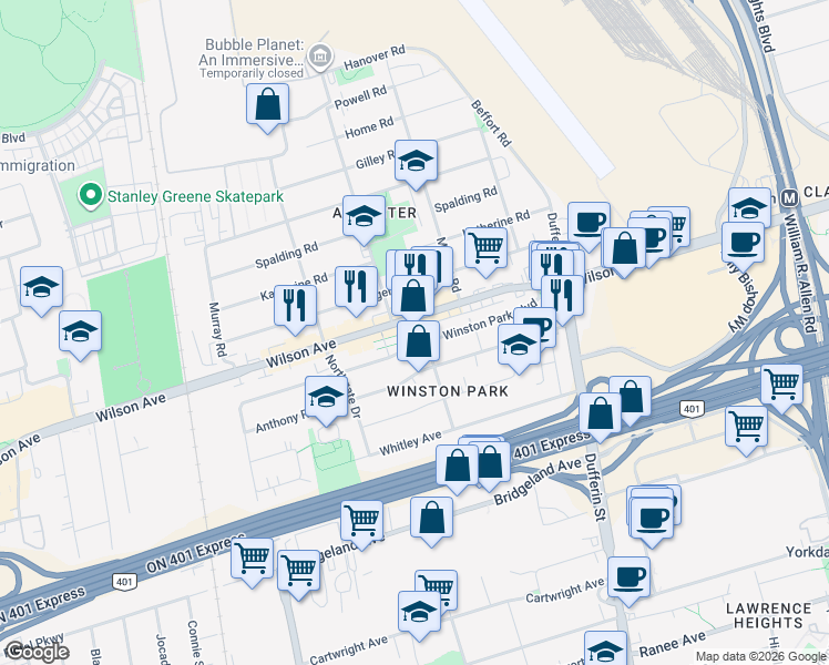 map of restaurants, bars, coffee shops, grocery stores, and more near 845 Wilson Avenue in Toronto
